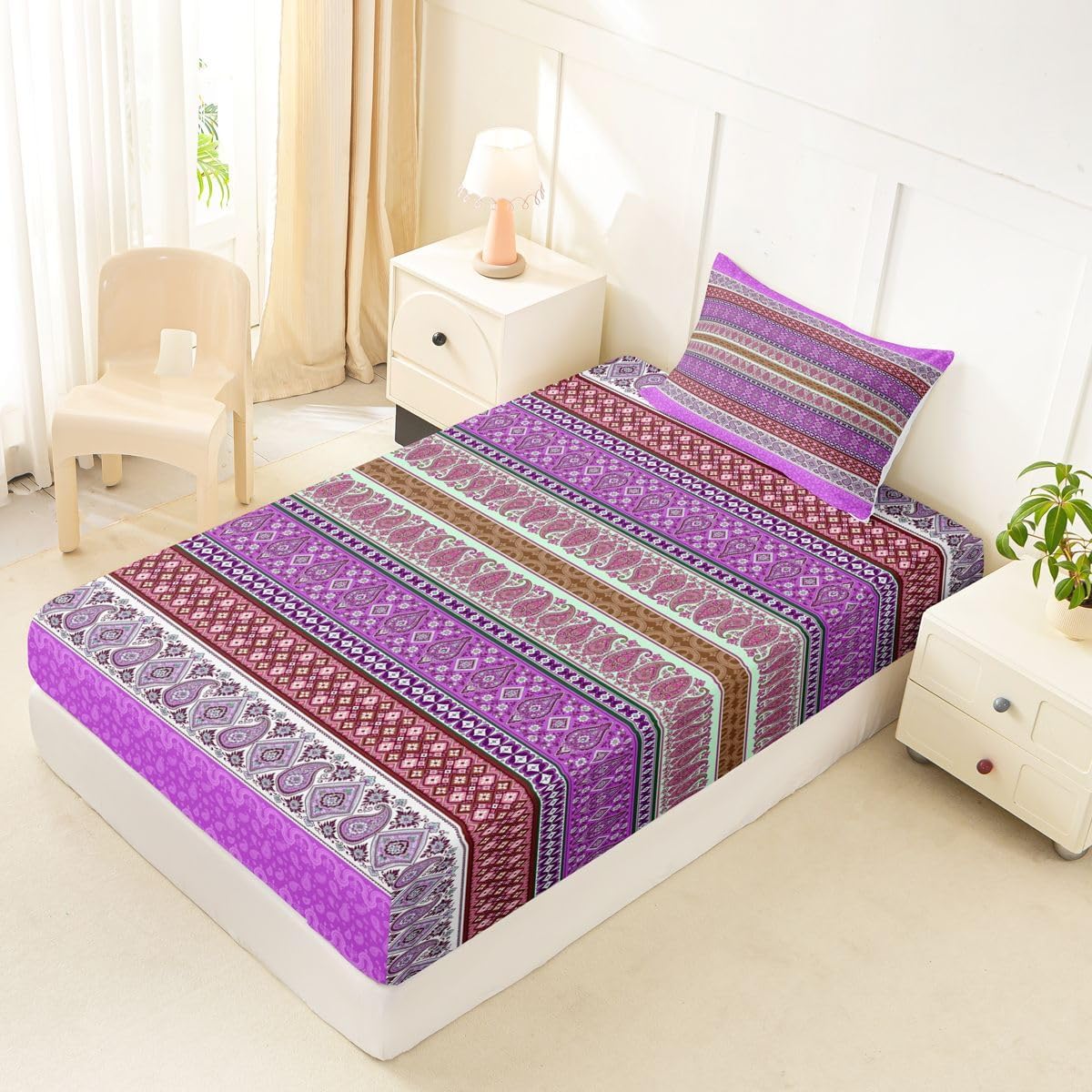Erosebridal Bohemian Striped PaisleyBed Sheet Set Twin Size for Boys Girls image 2