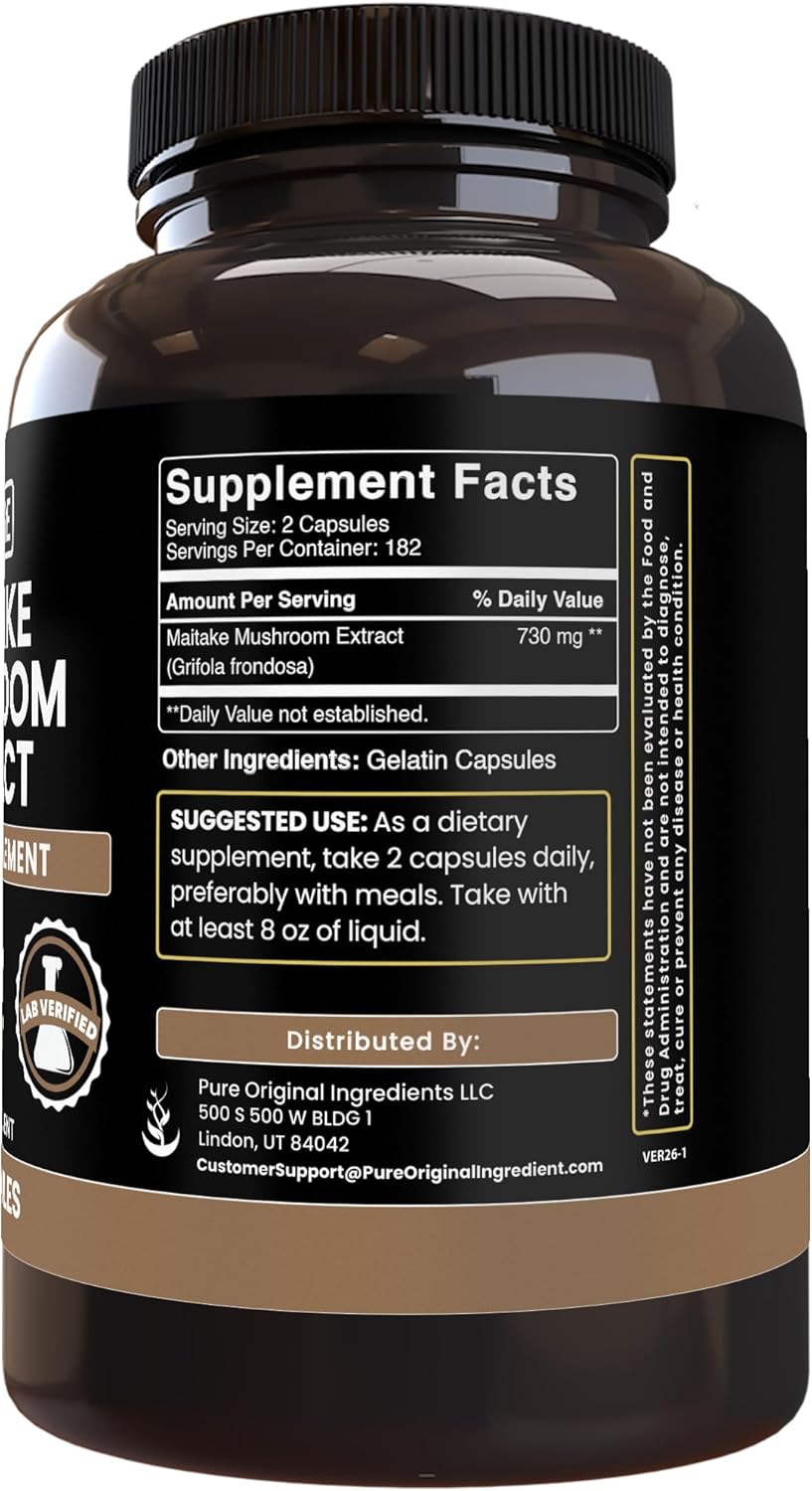 PURE ORIGINAL INGREDIENTS Maitake Mushroom (365 Capsules) No Magnesium Or Rice Fillers, Always Pure, Lab Verified