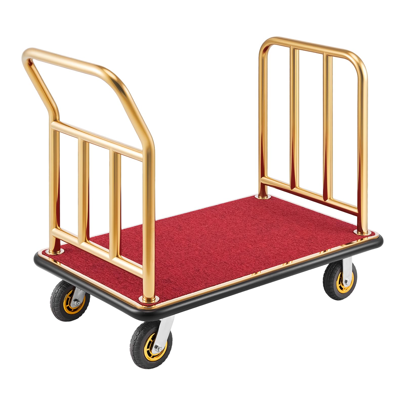 VEVOR Chariot à Bagages d'Hôtel, Charge Max. 340,19 kg, Chariot Porte-Bagages pour Hôtels et Complexes Hôteliers, avec Cadre en Acier Inoxydable, Roues en Caoutchouc 152 mm, Plateau Moquetté Rouge, Or