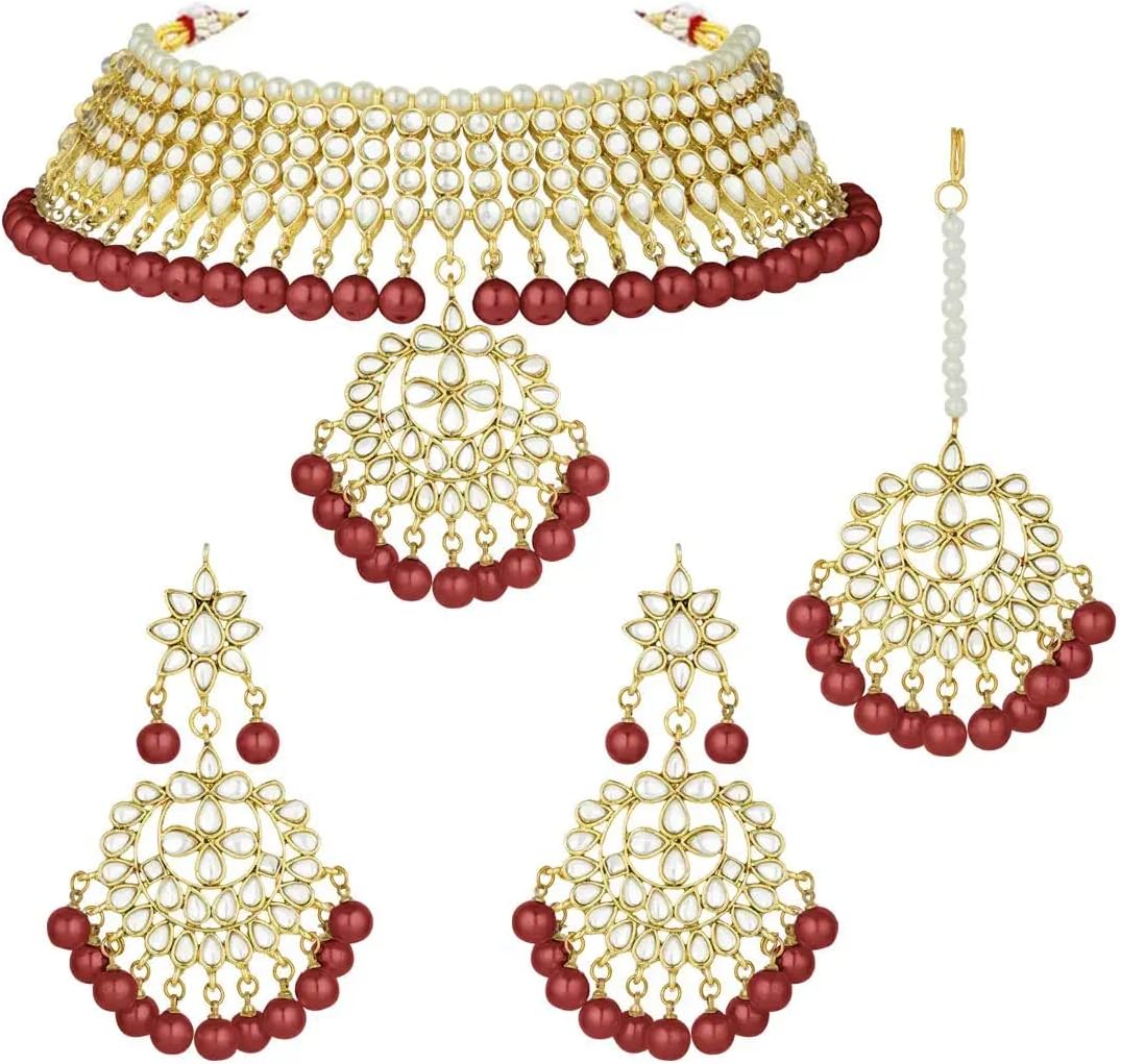 Jewarhaat Indian Bollywood Necklace Set Gold Plated Traditional Handcrafted Studded Kundan & Pearl Polki Ad Cz Multi-Stones Multi Color Beads Choker Ethnic Trendy Indian Wedding Bridal Fashion Jewellery With Earrings & Maang Tikka For Women