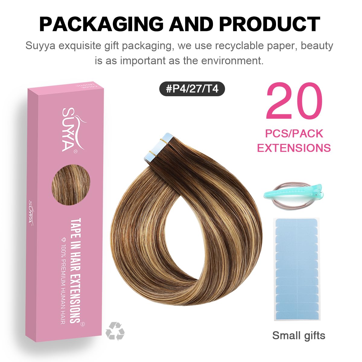 SUYYA Tape in Hair Extensions Human Hair 20 Pcs 50g Invisible Tape Hair Extensions Straight Tape Extensions Real Human Hair 24 Inches #P4/27/T4 Ombre Chocolate Brown to Caramel Blonde - Image 2