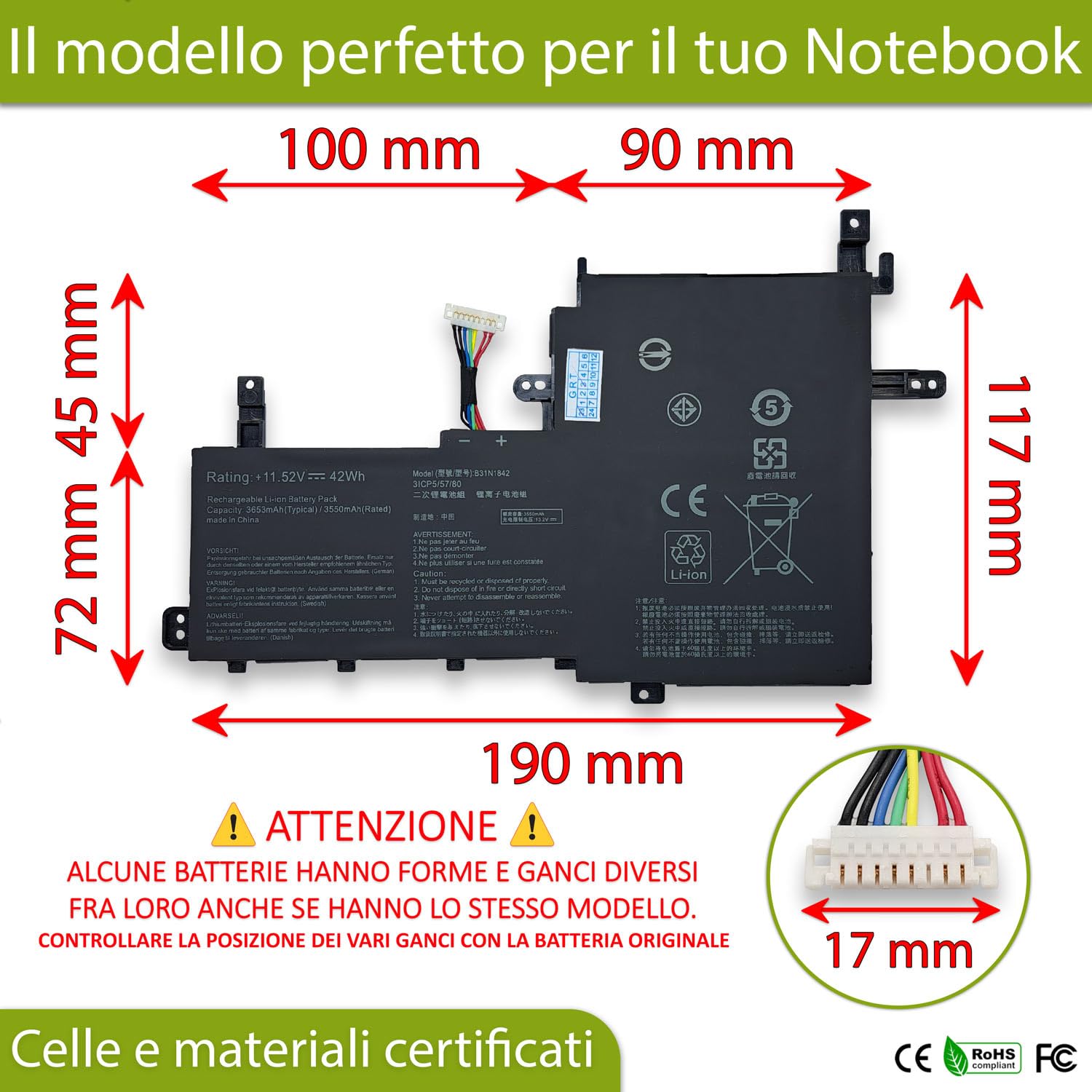 B31N1842 Batteria compatibile con ASUS VivoBook 15 K513 K513E K513EA K513EQ X513 X513E X513EA X513EAN X513EP M513 M513UA S513E S513EA F513E F513EA K531F K531FA X531 X531F X531FL [11.52V - 3653mAh]