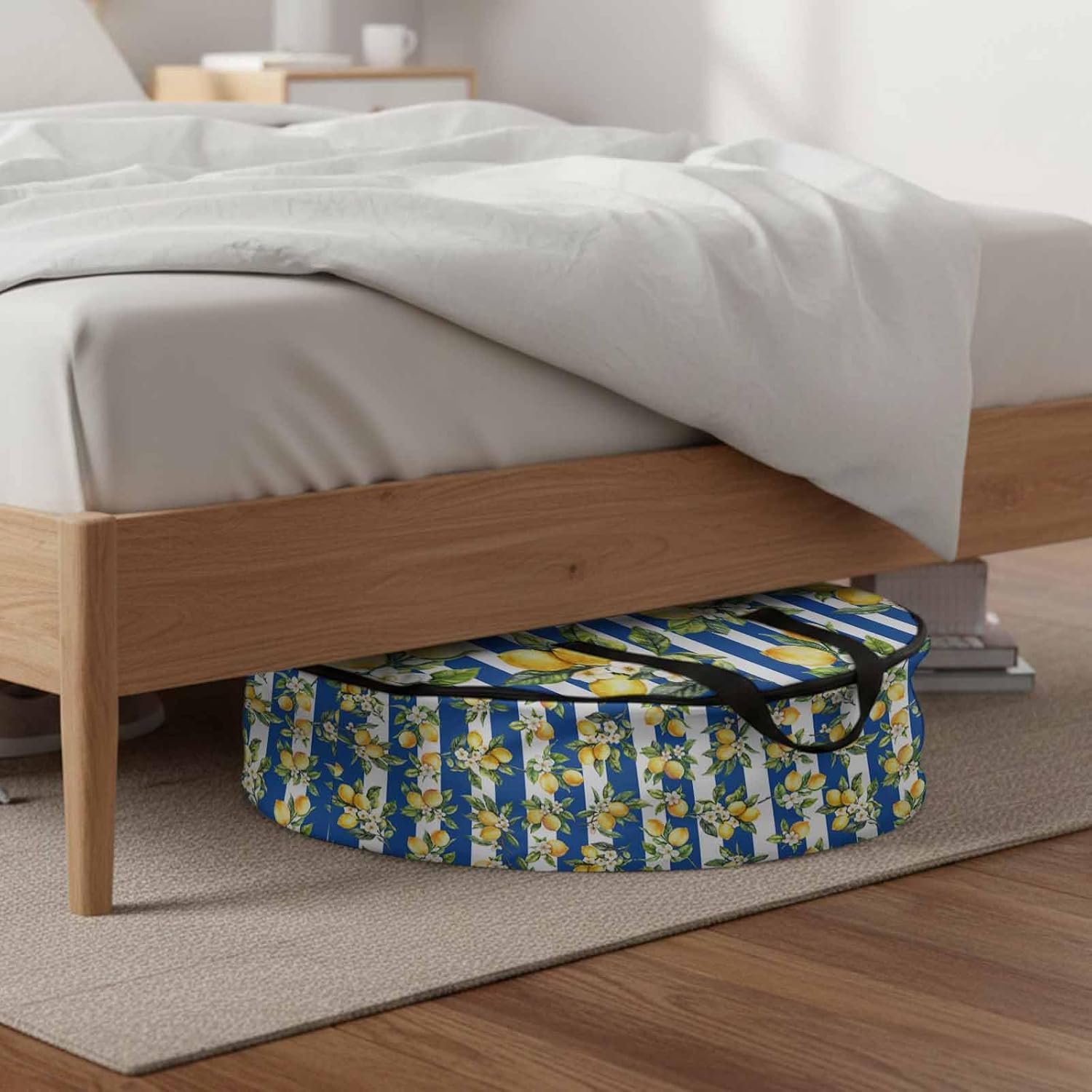 Storage Bag Floral Lemon Round Storage Totes Bins Closet Organizers with Zippers & Handle Fruit Leaves Blue Stripes Clothes Storage Container for Bedroom Dorm Space Saving Packing Supplies Moving Bags