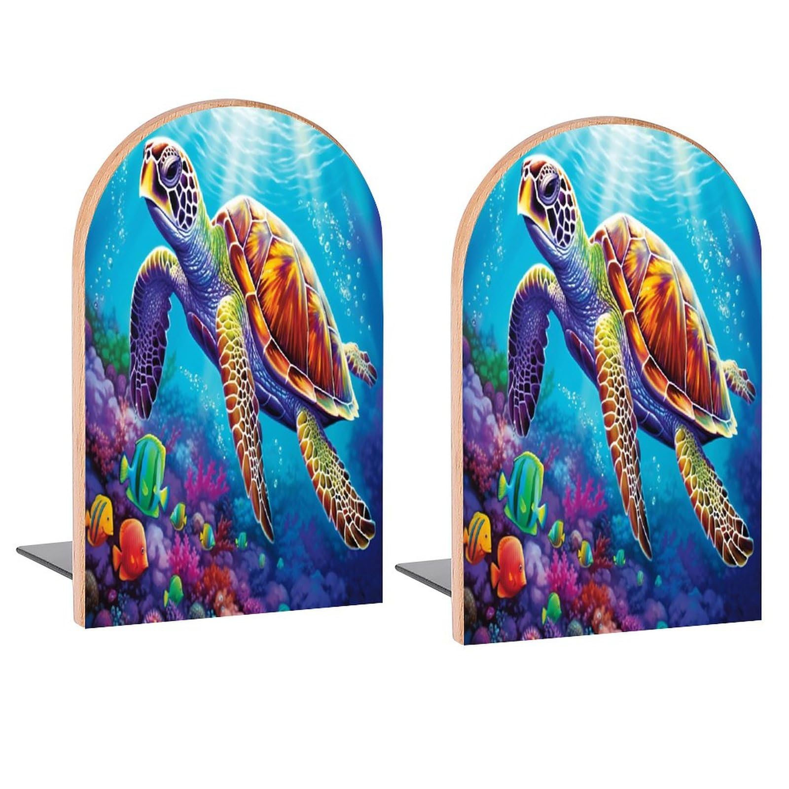Colorful Underwater Turtle Fish Book Ends Decorative Wood Bookends for Shelves Kids Room Desk Home Office Book Stoppers for Magazines,Books, DVDs, 1