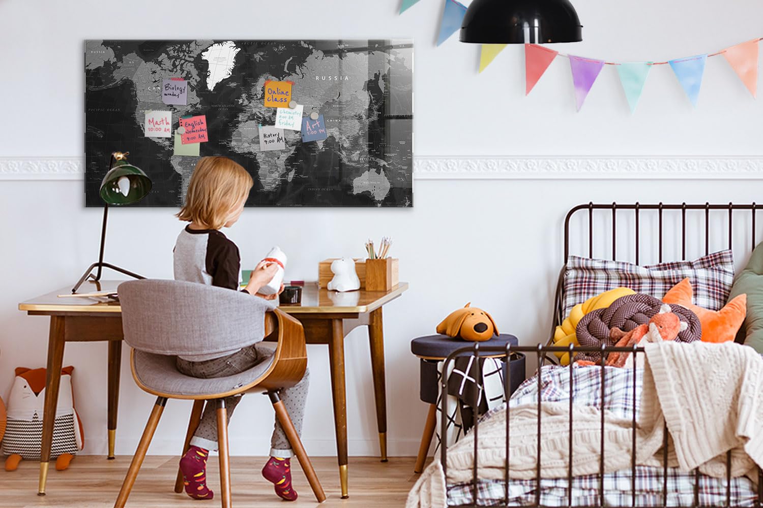 Magnettafel für Schule Gastronomie und Büro 120x60 Schwarze Weltkarte | Pinnwand | Glas | Memo | Organizer | Planer | Sicherheitsglas | Paneel | Infoboard | Wochenplaner | Terminkalender