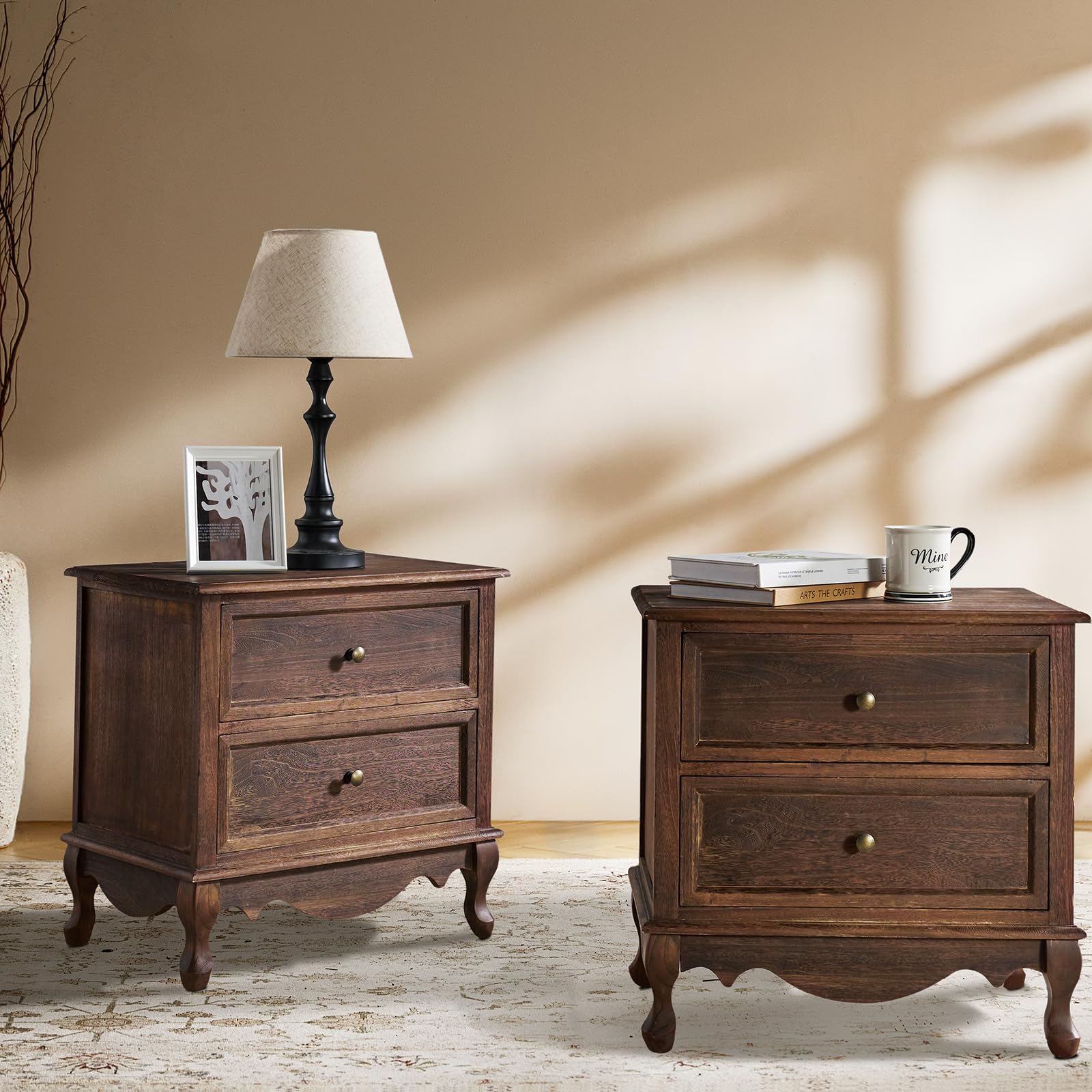 Nightstand with Charging Station, Wood Night Stand with 2 Drawers Organizer Farmhouse End Table Bed Side Table for Bedroom Living Room Sofa, Walnut