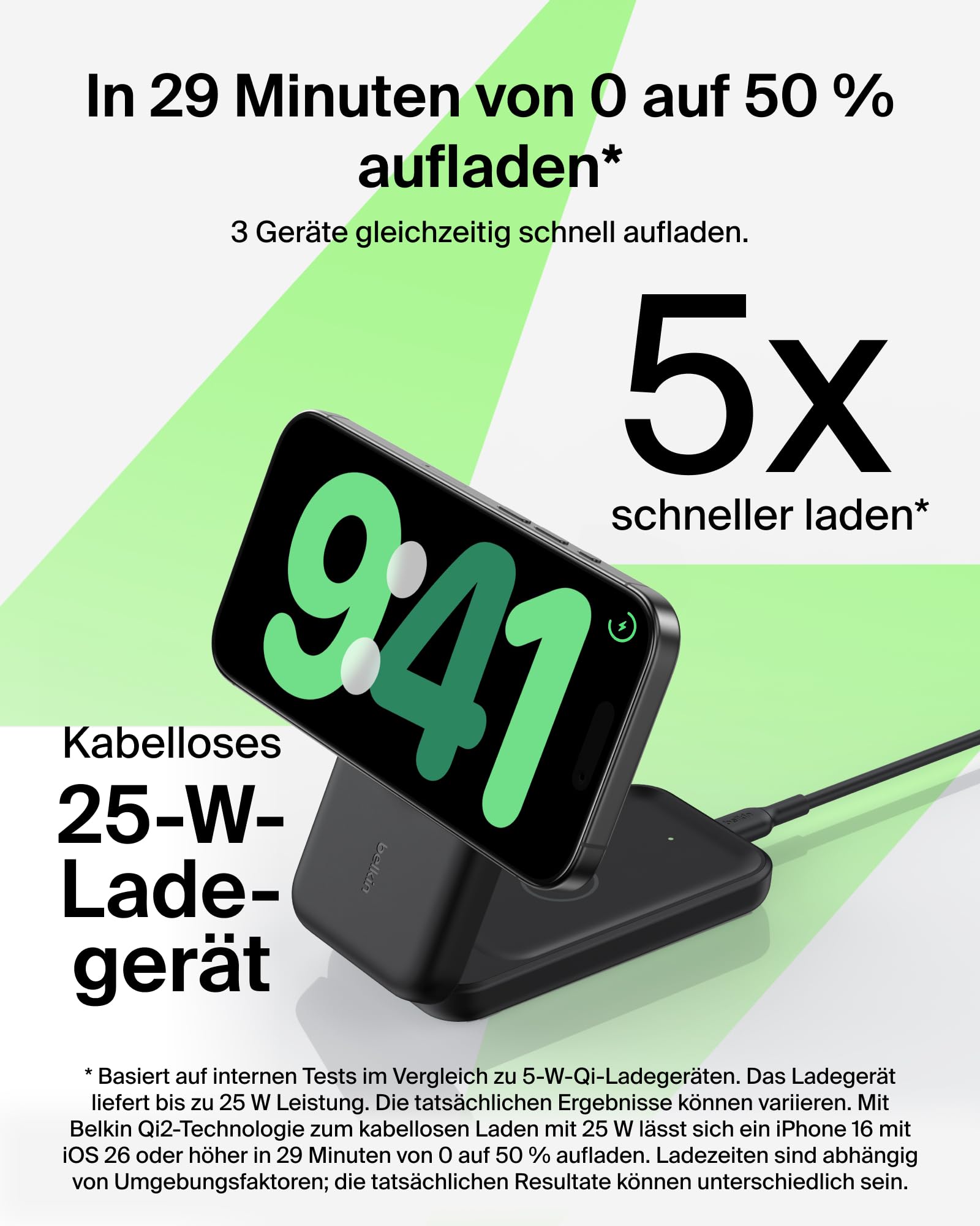 Belkin UltraCharge 3-in-1 Ladestation mit Qi2, 25W, MagSafe Kompatibel, Induktive Ladestation für iPhone 17, iPhone Air, Apple Watch, AirPods, 45W Adapter - Schwarz