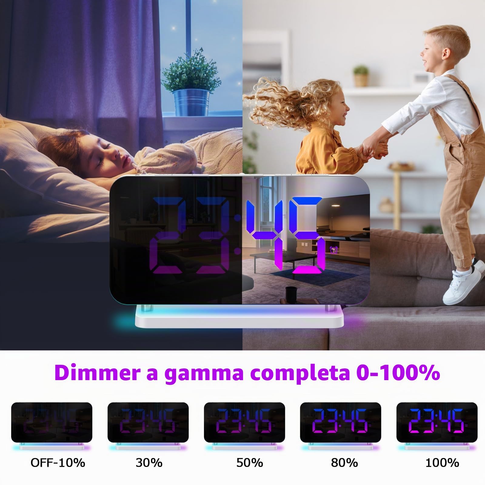 Orologio digitale con luce notturna, sveglia colorata, 10 RGB, luce atmosferica, 5 livelli di volume, dimmer auto, doppia uscita, orologio da comodino per dormire, bianco