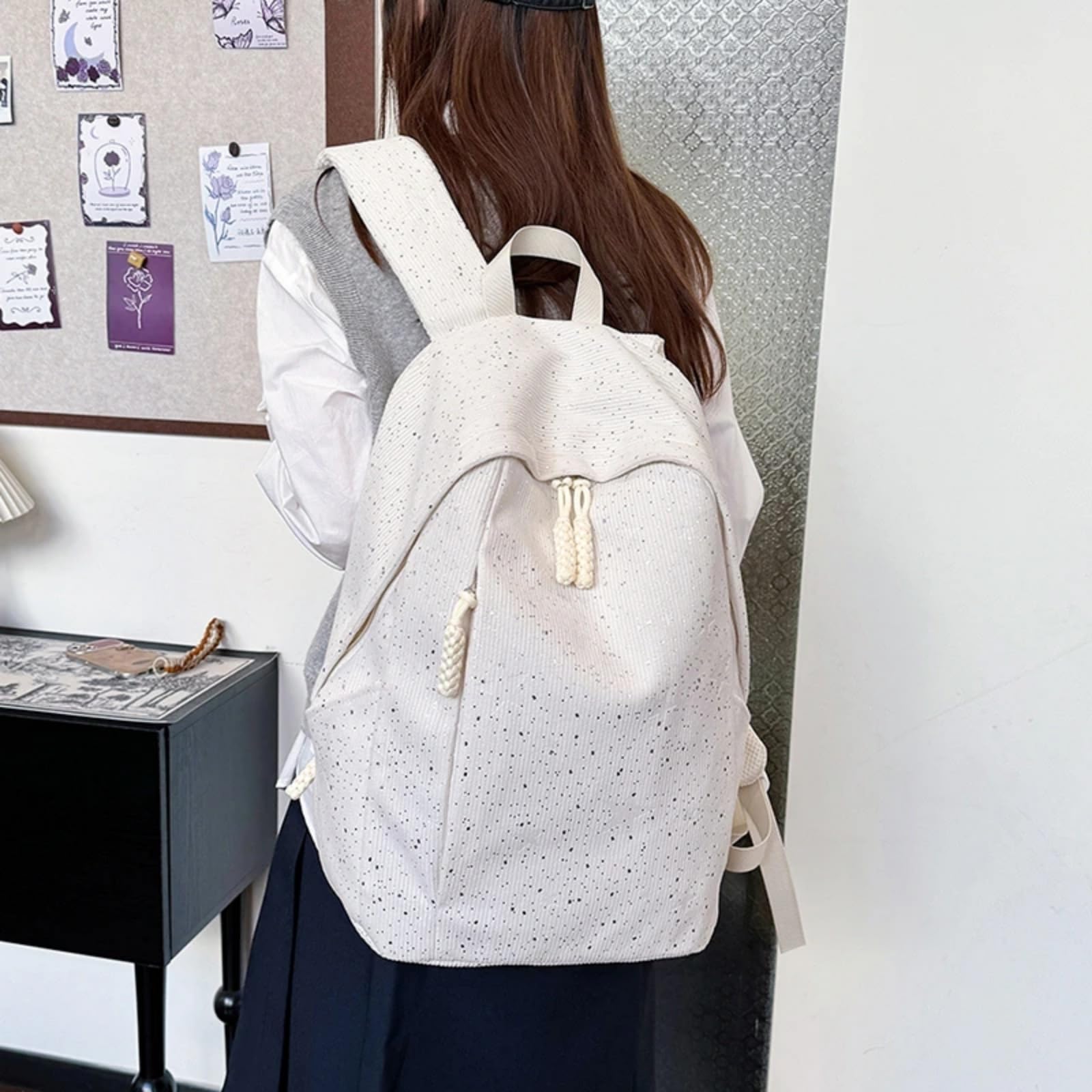 Zaino in Corduroy Macchiato Rosa, Borsa Scolastica Studentesca Casual di Grande capacità per Le Donne Viaggi Giornalieri-White