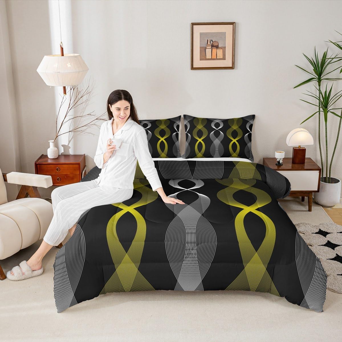 Erosebridal Black and Yellow Striped King Bedding Set, Modern Boho Abstract Stripes Comforter Set for Women Men Bedroom, Contemporary Geometric Wavy Lines Comforter, Gradient Aesthetic Stripe Quilt