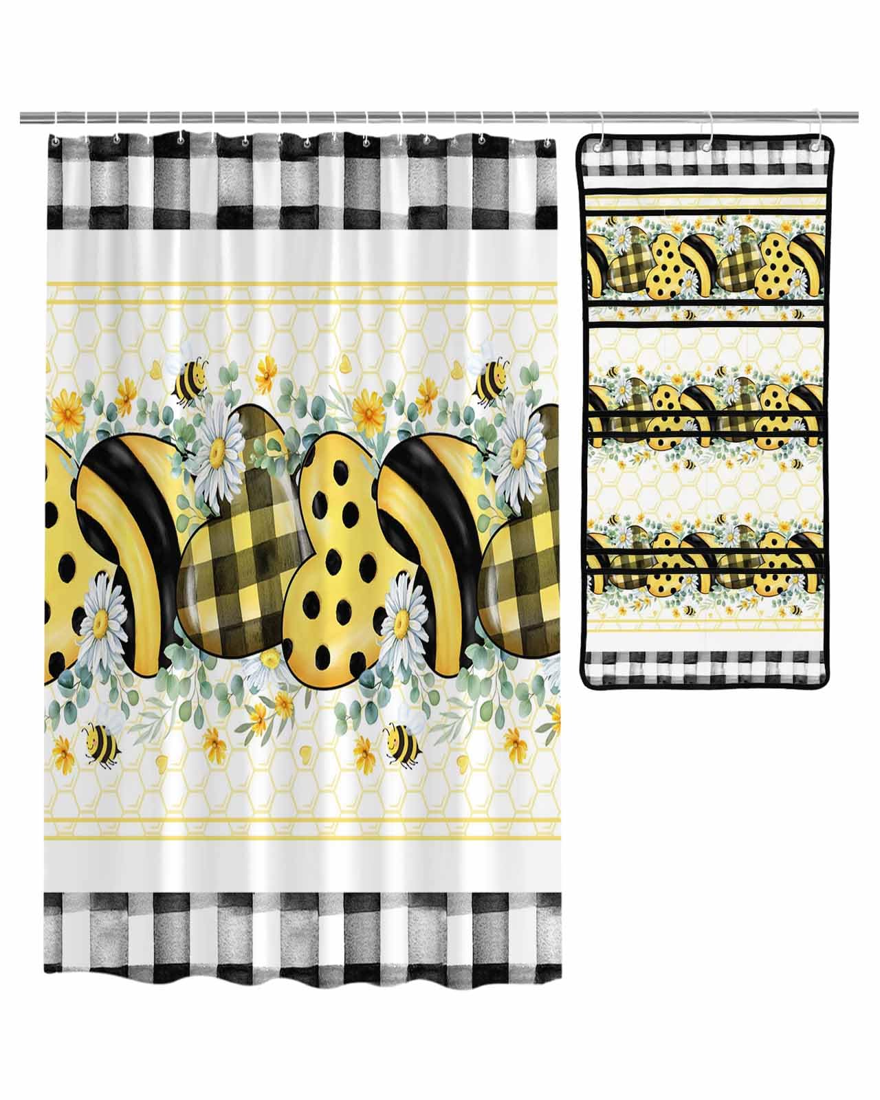 Decorative Shower Curtain Sets Yellow Bee Fabric Waterproof Shower Curtains Summer Watercolor Eucalyptus Leaves Black White Check Mesh