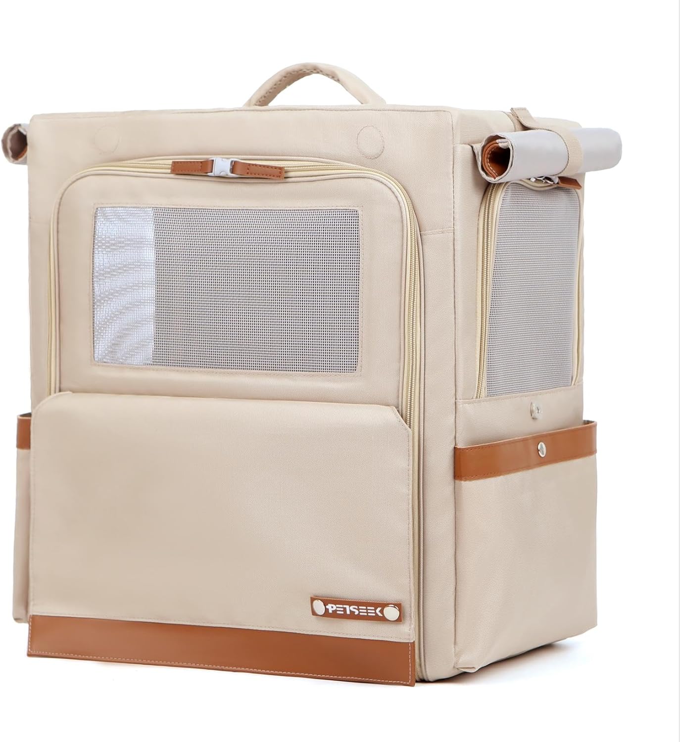 Cat Backpack Carrier for Large Cats, Shaded Waterproof Small Dog Backpack with Breathable Mesh, Soft Side Safety Pet Backpack for Hiking, Travel, Outdoor (Champagne)