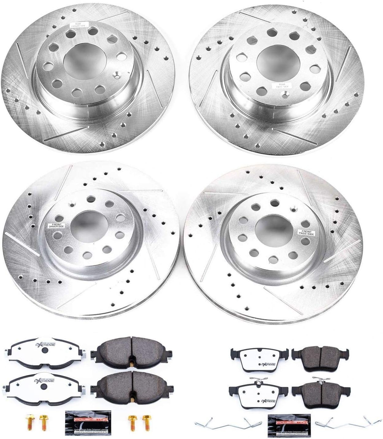 Power Stop K7502-26 Front & Rear Z26 Street Warrior Brake Kit Audi and 1 Front Sensor Wire For Audi A3, Audi A3 Quattro, Audi A3 Sportback e-tron, VW Taos [Model Specific]