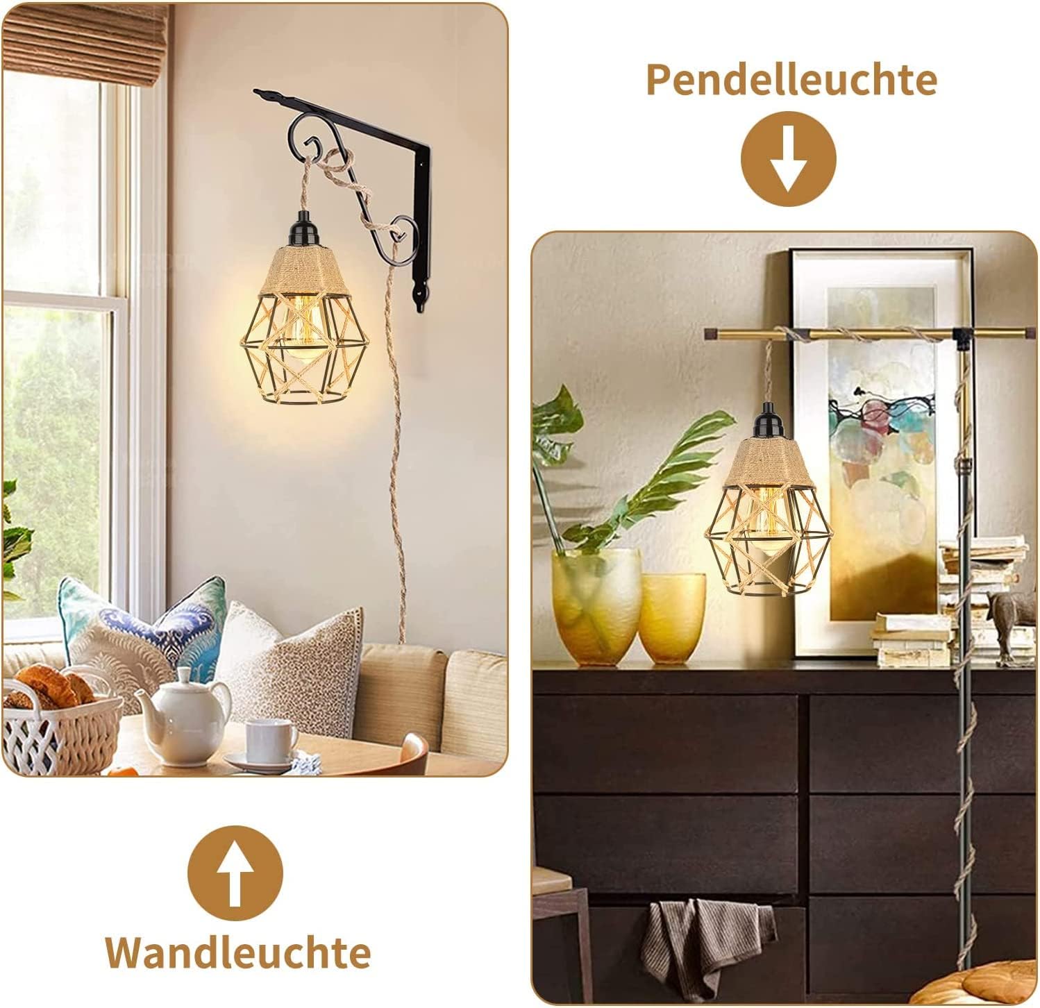 Vintage Boho Lamp Shades Rustic Industrial Woven Pendant Light Wall Sconces Lampshade Metal Bulb Guard Cage for Hanging Pendant Replacement - Hemp Rope Mini Wire Cage Farmhouse Light Fixture