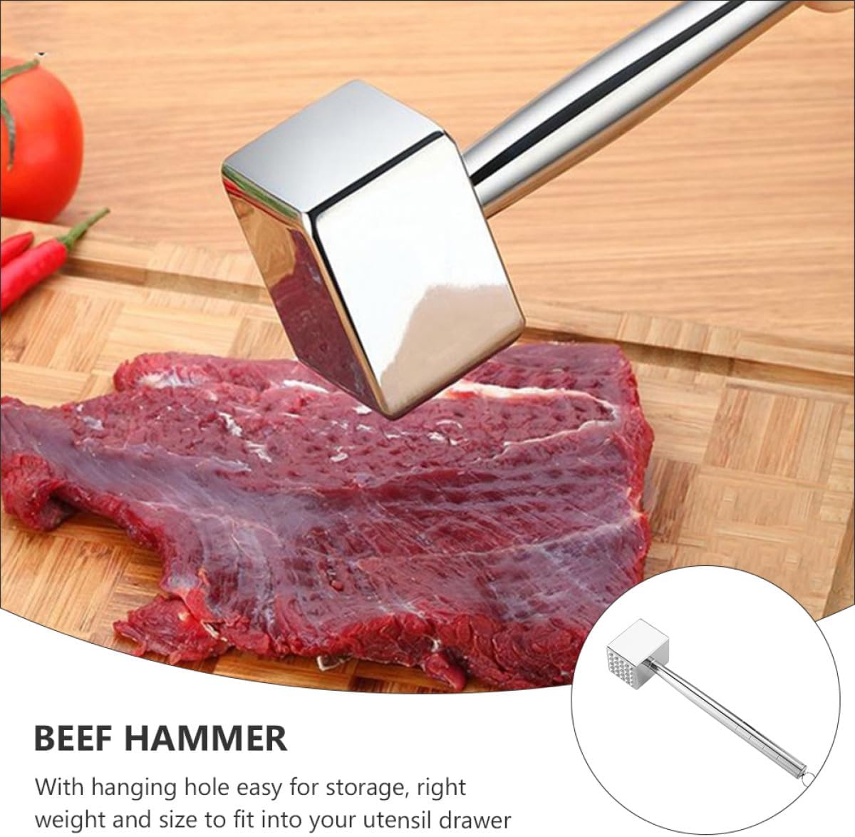 Stainless Steel Meat Tenderizer Hammer for Steak Beef Pork, Square Head Meat Pounder Tool for Kitchen Cooking and Bbq