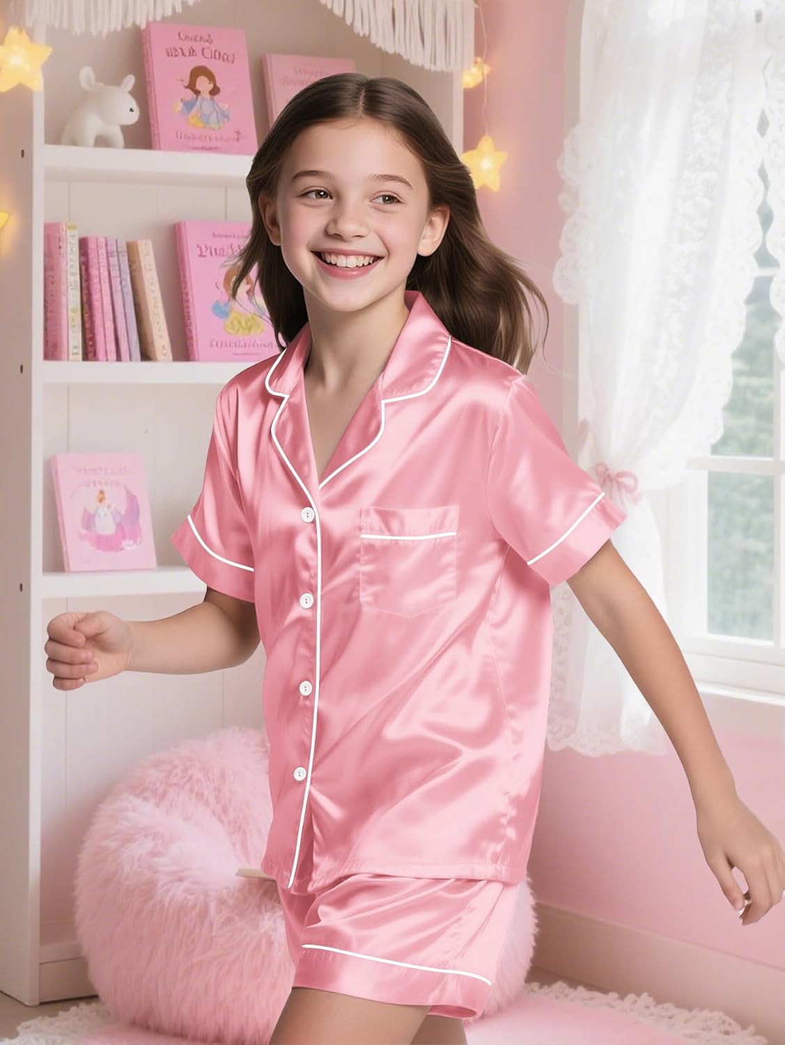 Girls Pajama Set Silk Pajamas Satin Pjs Short Sleeve Sleepwear