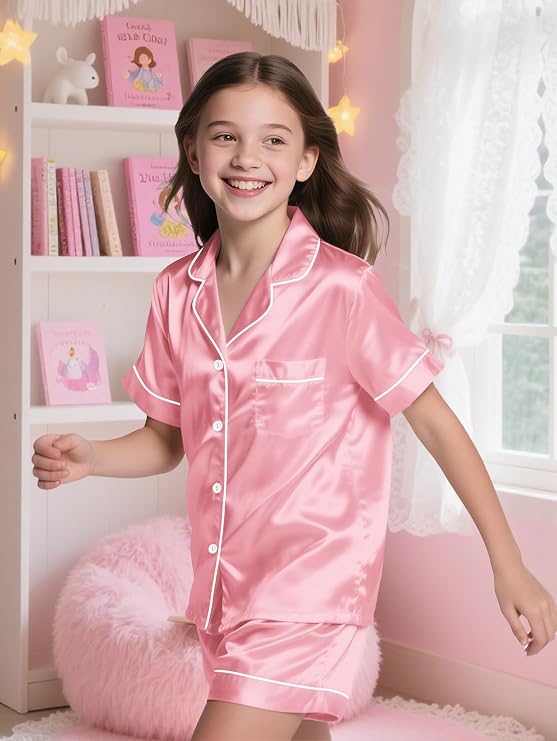 Girls Pajama Set Silk Pajamas Satin Pjs Short Sleeve Sleepwear