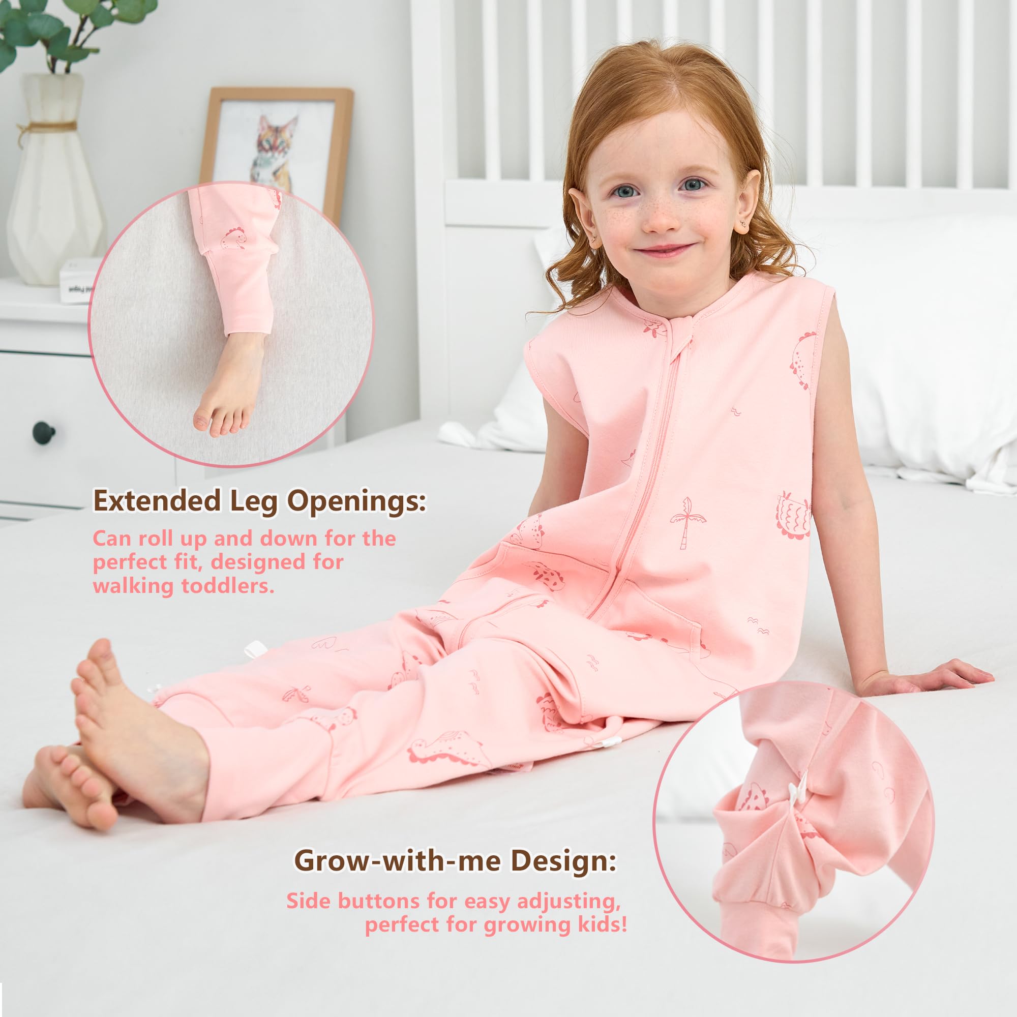 LAT Sacco Nanna con Piedini, 0,5 TOG 100% Cotone Sacco Nanna Estivo per Bambini, Morbido e Traspirante Sacco a Pelo con Tasche per Bambini