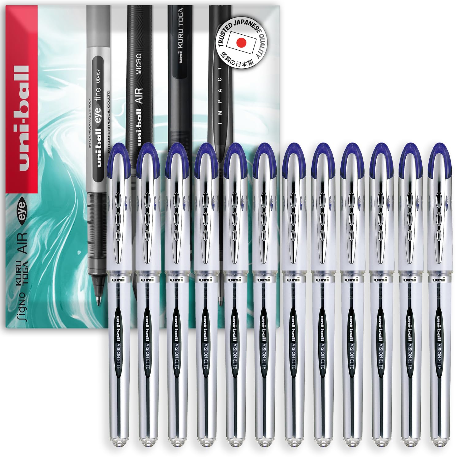 uni-ball Vision Elite UB-200 - Bolígrafo de punta redonda mediana de 0,8 mm, 12 unidades, tinta azul, en caja de regalo