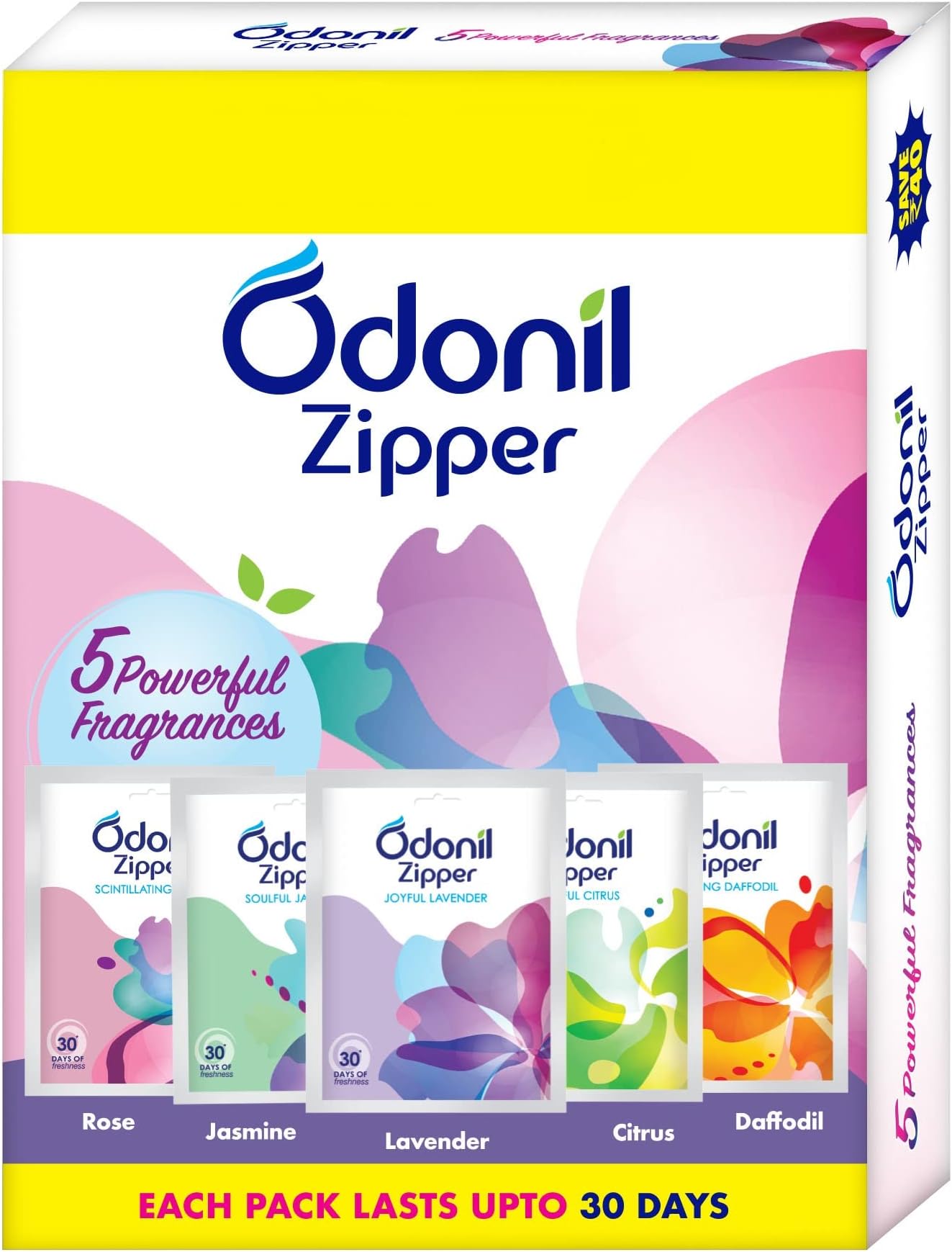 Odonil Bathroom Air Freshener Zipper Mix - 50g (10gx5) | Assorted Pack | Instant & Long Lasting Fragrance | Lasts upto 30 days | Germ Protection | Air Freshener for Bathroom, Toilet, Home & Office