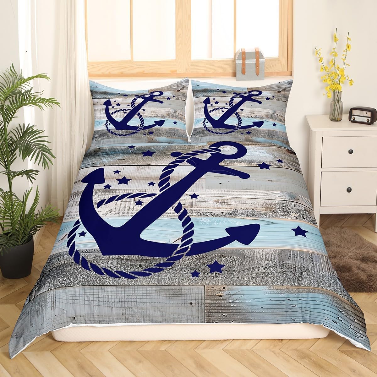 Coastal Nautical Bedding Sets Twin Navy Blue Anchor Duvet Cover For Kids Boys Teen Rustic Farmhouse Wooden Board Comforter Cover Retro Ocean Sailing Boat Bed Cover With 1 Pillow Case Retro Grey