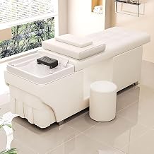 Head SPA Bed Waterfall Head SPA Equipment Fumigation Set Constant Temperature System with Stool, Massage Shampoo Bed with Sink, White Modern Style