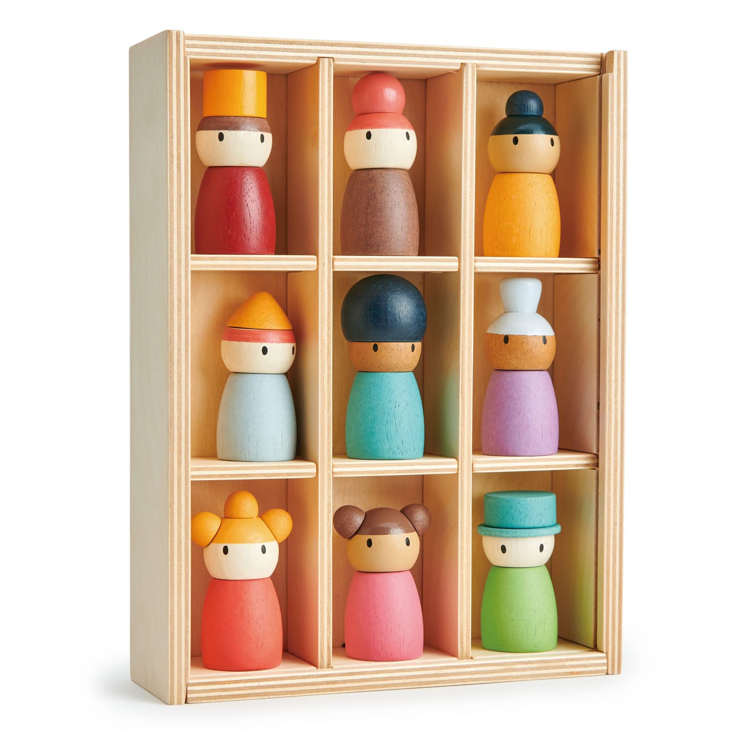 Happy Folk Hotel - 9 muñecas de madera con clavijas de diversidad de juguetes abiertos - Montessori People Figures Play Set - Edad 3+ 2