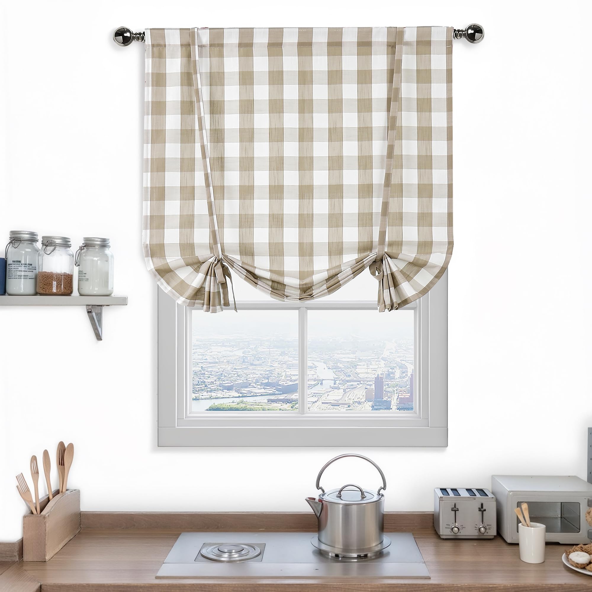 Bapawfish Beige Tie Up Curtains 63 Inch Length, Tan Buffalo Check Plaid Farmhouse Pattern, Rod Pocket Adjustable Tie Up Shades for Small Windows Cafe Curtains, 42" W x 63" L, Linen