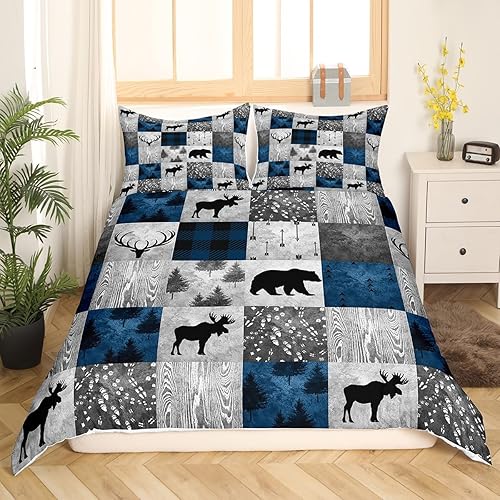 Erosebridal Funda de edredón de oso tamaño matrimonial para adolescentes y niños, ropa de cama de animales de caza para cabaña, funda de edredón de