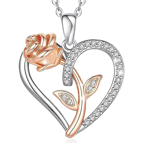 Bluxeo Rose Heart Necklace Gifts for Women 925 Sterling Silver Birthday Gift Anniversary Wife Girlfriends Necklaces Mother Daughter Valentines Mothers Day Christmas Pendant