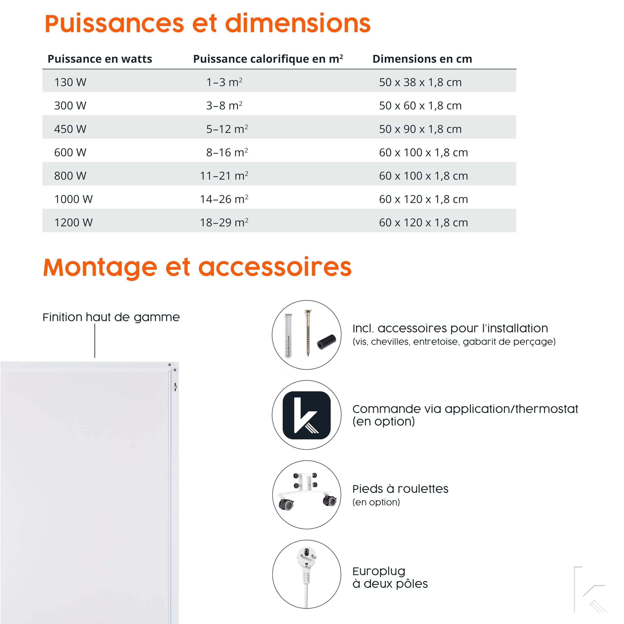 Könighaus chauffage infrarouge 1000 W - thermostat - 14-26 m²
