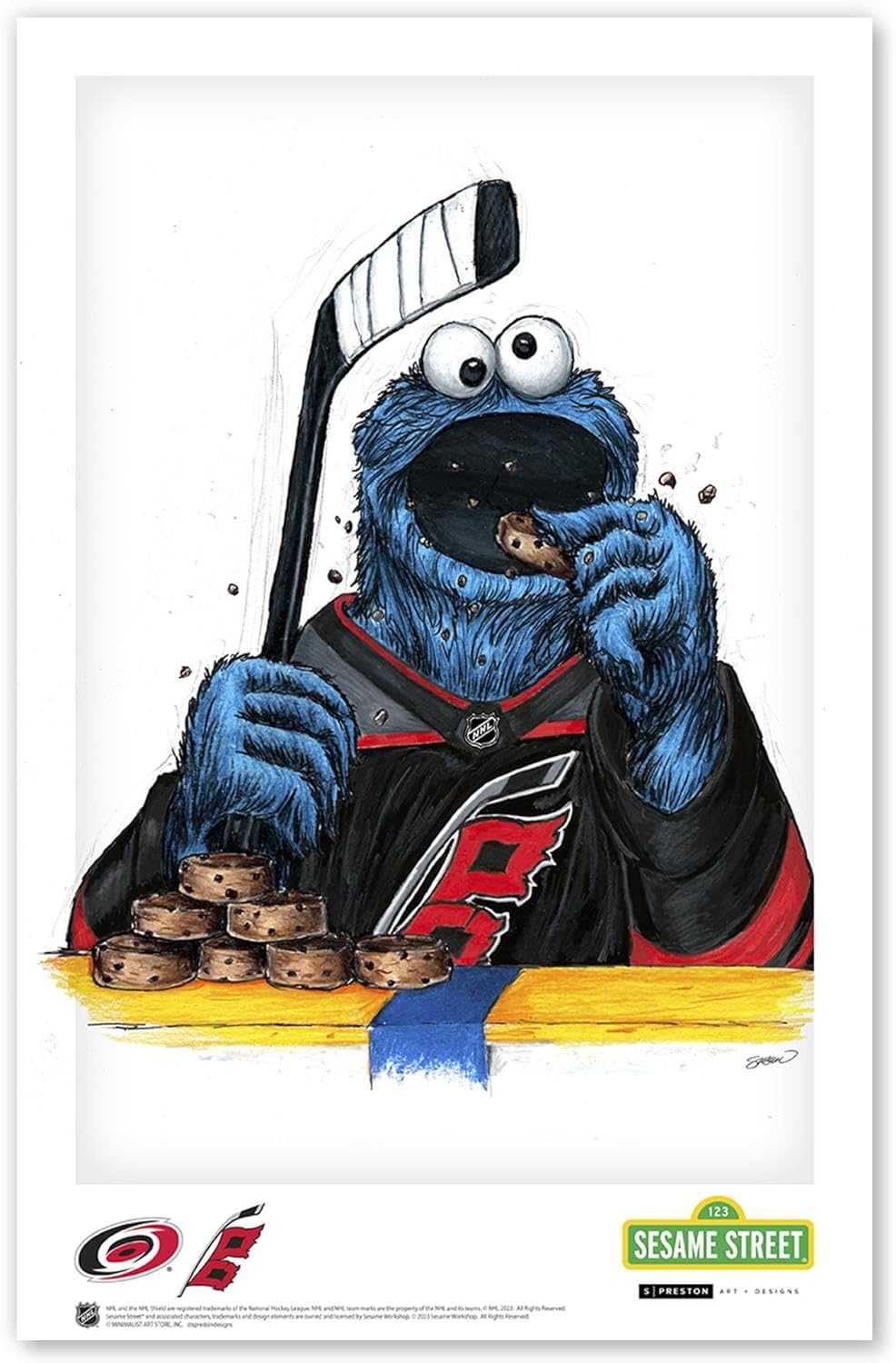Carolina Hurricanes Cookie Monster NHL Looney Tunes Art Poster Print by S. Preston - Living Room Home Wall Decor, 11" x 17" Unframed Artwork