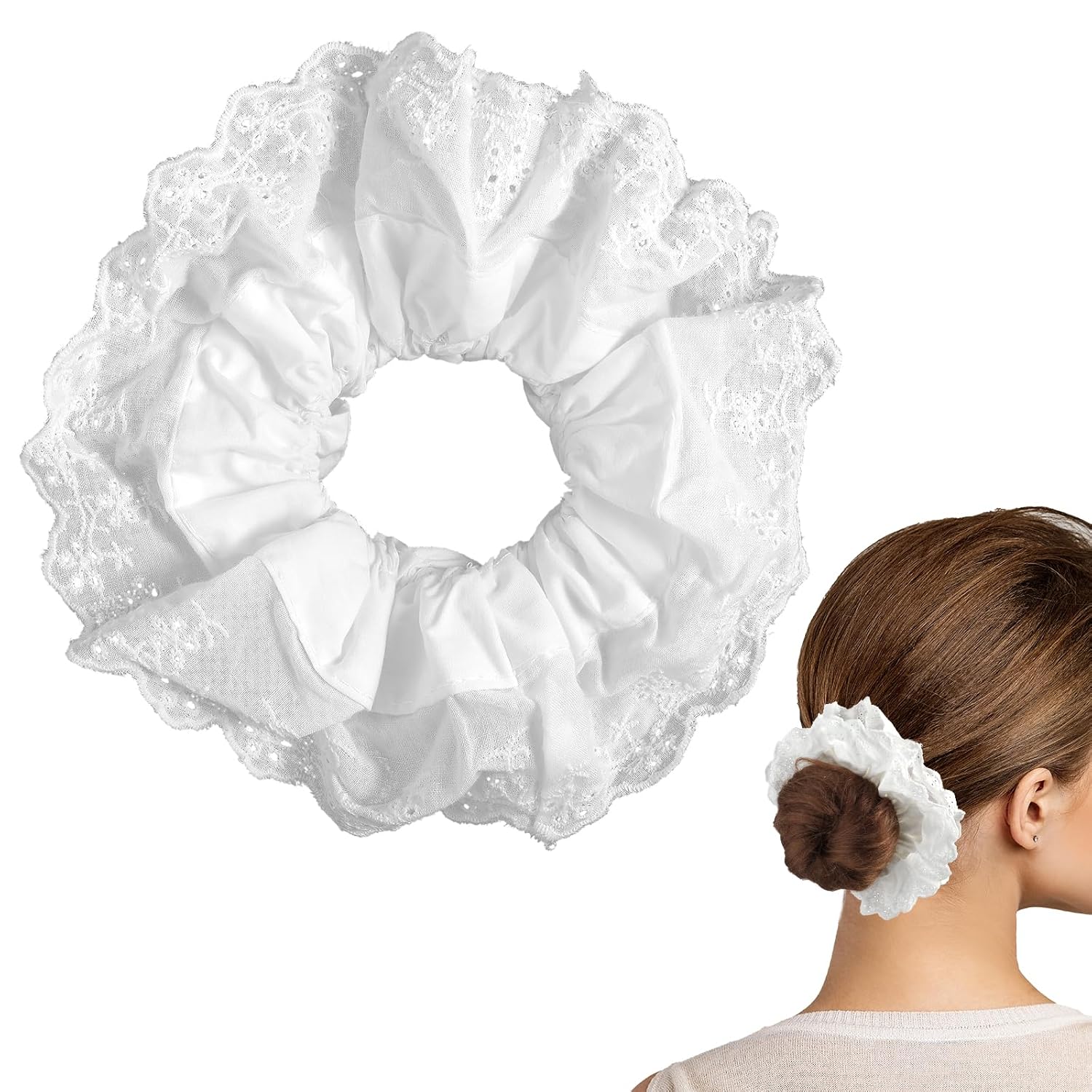 Dimeho White Scrunchies for Women Large Lace Scrunchies Elastic Hair Ties No Damage Double Layer Hair Bands (white)