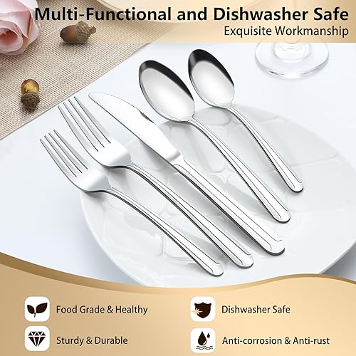Miniatura 26 de Pleafind Juego de cubiertos de 24 piezas, cubiertos de acero inoxidable con cuchillos para carne, tenedores, cucharas, cuchillos, apto
