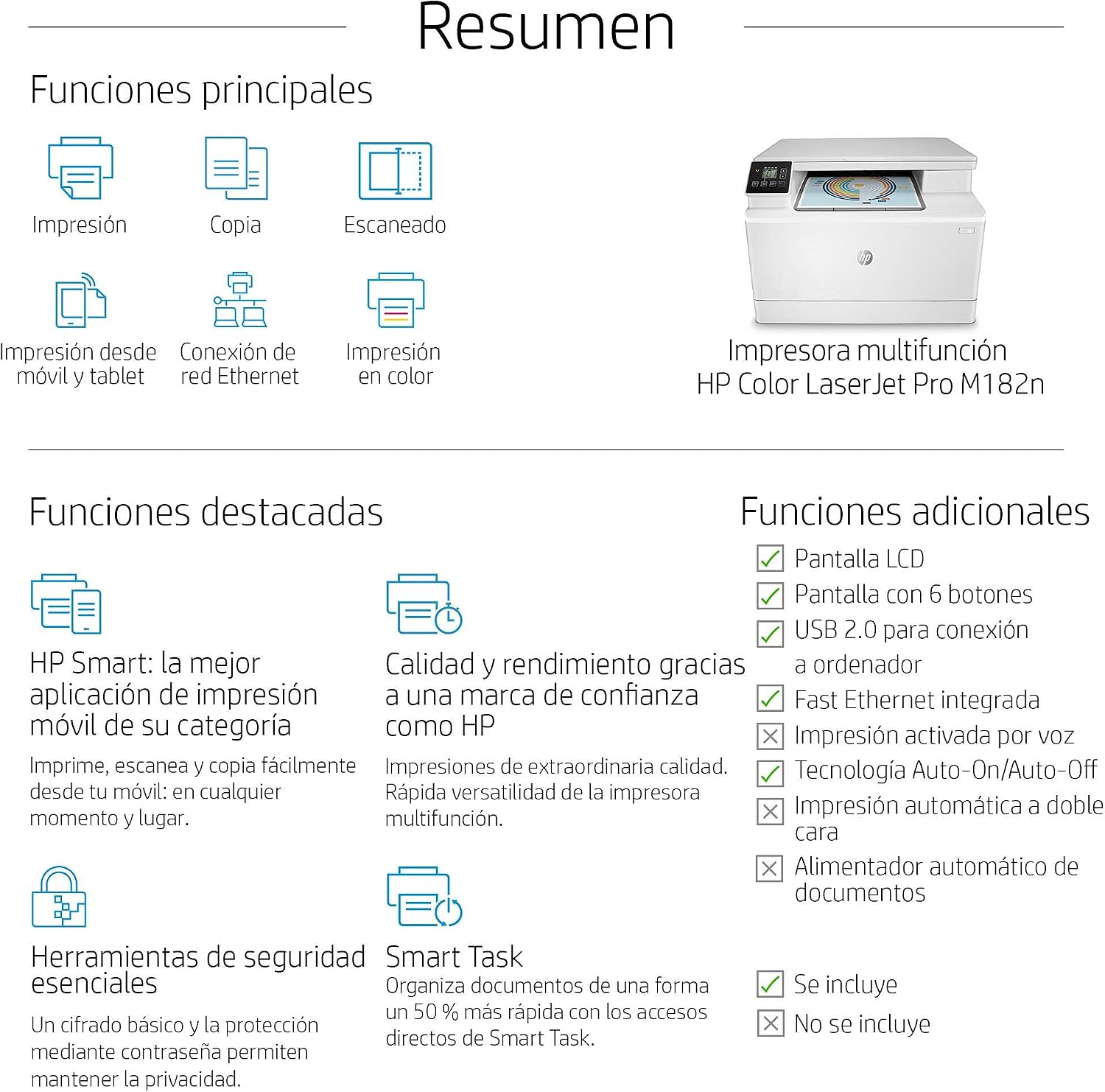 HP Color LaserJet Pro MFP M182n 7KW54A, Impresora Láser Color Multifunción,  Imprime, Escanea y Copia, Ethernet, USB 2.0 de alta velocidad, HP Smart  App, Apple AirPrint, Panel de Control LCD, Blanca : Hp: Amazon.es:  Informática