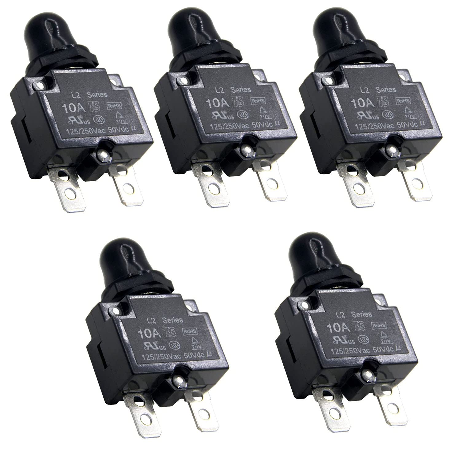 10A Push Button Reset Circuit Breaker with Quick Connect Terminals and Waterproof Black Cap 5Pack