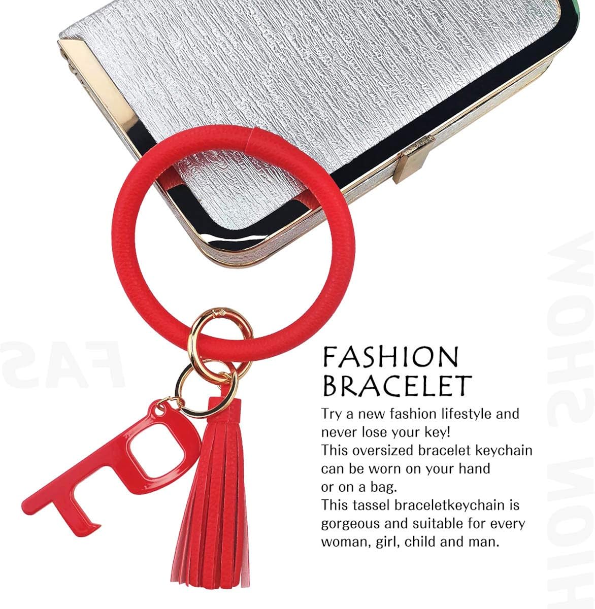 Leather Bracelet Key Ring Bangle Keyring, Tassel Ring Circle Key Ring Keychain Wristlet with No Touch Key Door Opener
