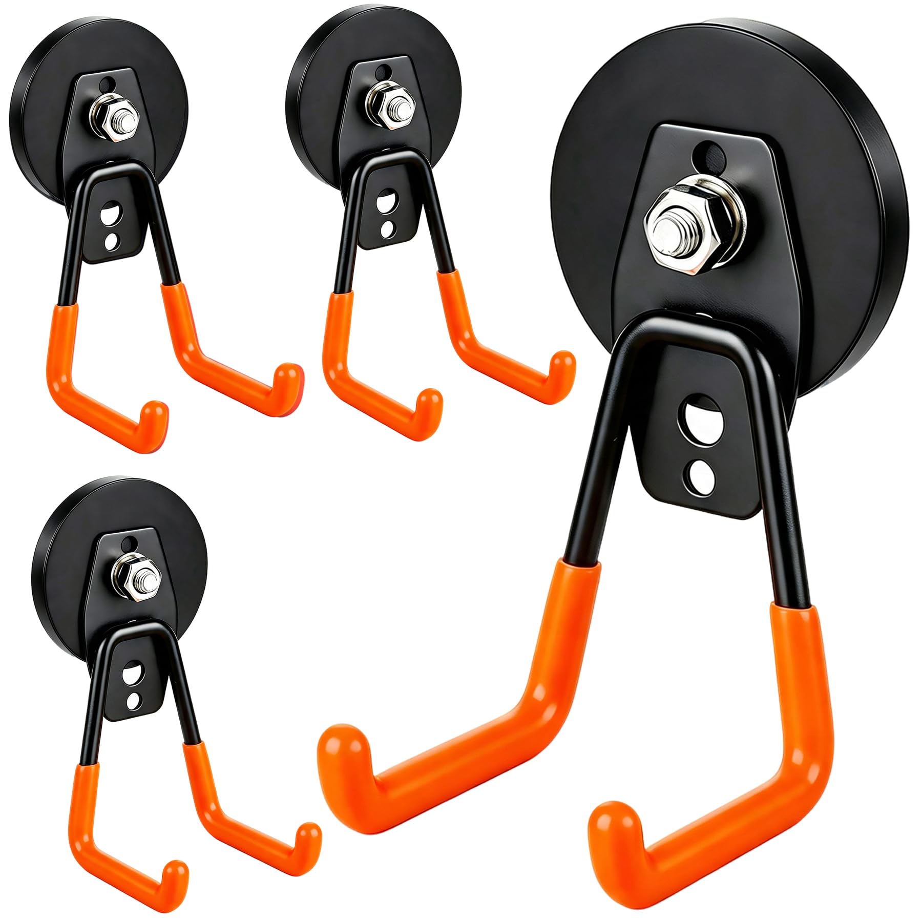 MUTUACTOR Magnethaken, 4 Stück, starke, robuste Magnethaken zum Aufhängen, rutschfeste, gummierte Mehrzweck-Magnethaken für Aufbewahrung, Garagenwerkzeuge, Bohrmaschine, Werkzeug, Truhenspind (Orange)