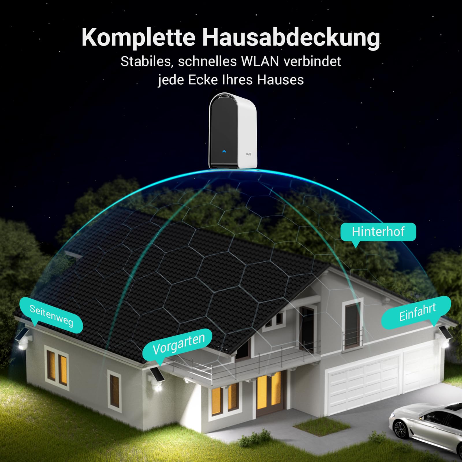 ANSQUE Überwachungskamera Außen Solar Akku, 4er Set mit AnsqueBase, Ohne Abonnement, 32GB Lokalspeicher, 360° Automatische Verfolgung, 2K Farb-Nachtsicht