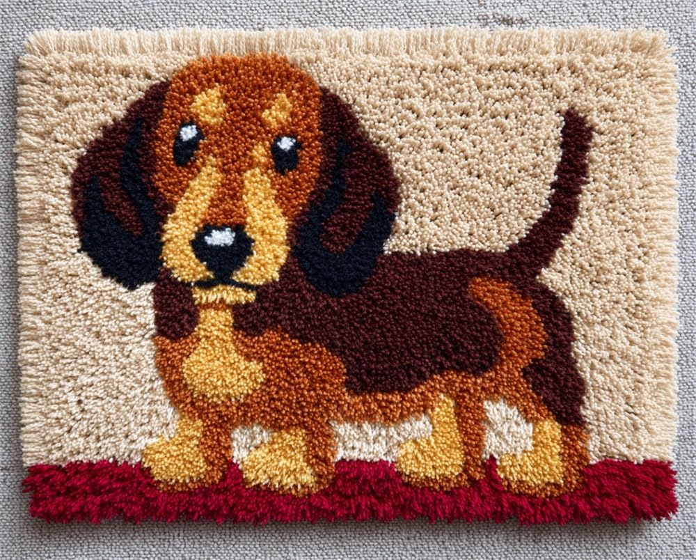 Kitquiver Rug Kits for Adults Latch Hook Pre Printed Cute Dachshund DIY Crochet Yarn Embroidery Handmade Needlework with Printed Canvas for Home Decoration 31X45In