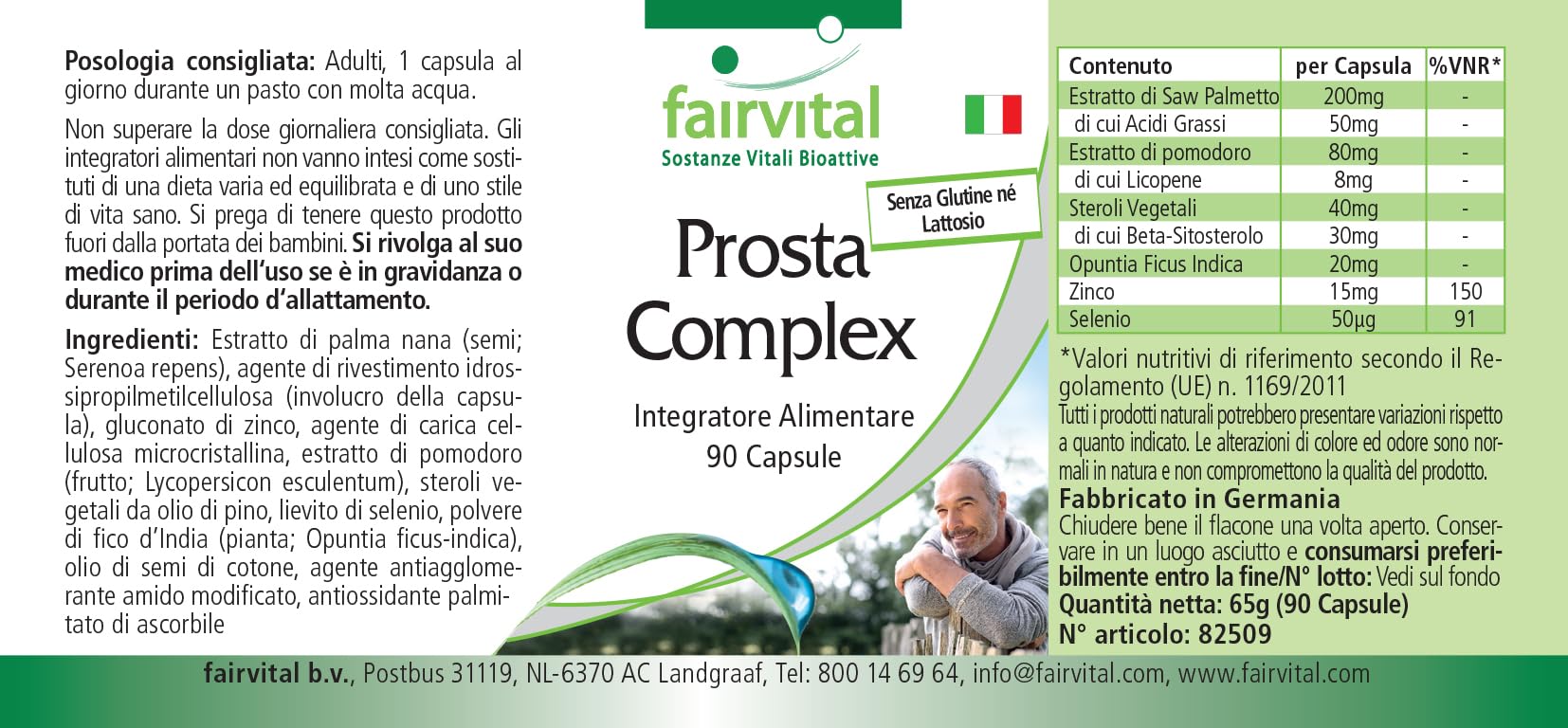 fairvital Prosta Komplex, VEGANO, ALTO DOSAGGIO, 90 capsule, con selenio, zinco, palma nana, licopene, beta-sitosterolo e opuntia
