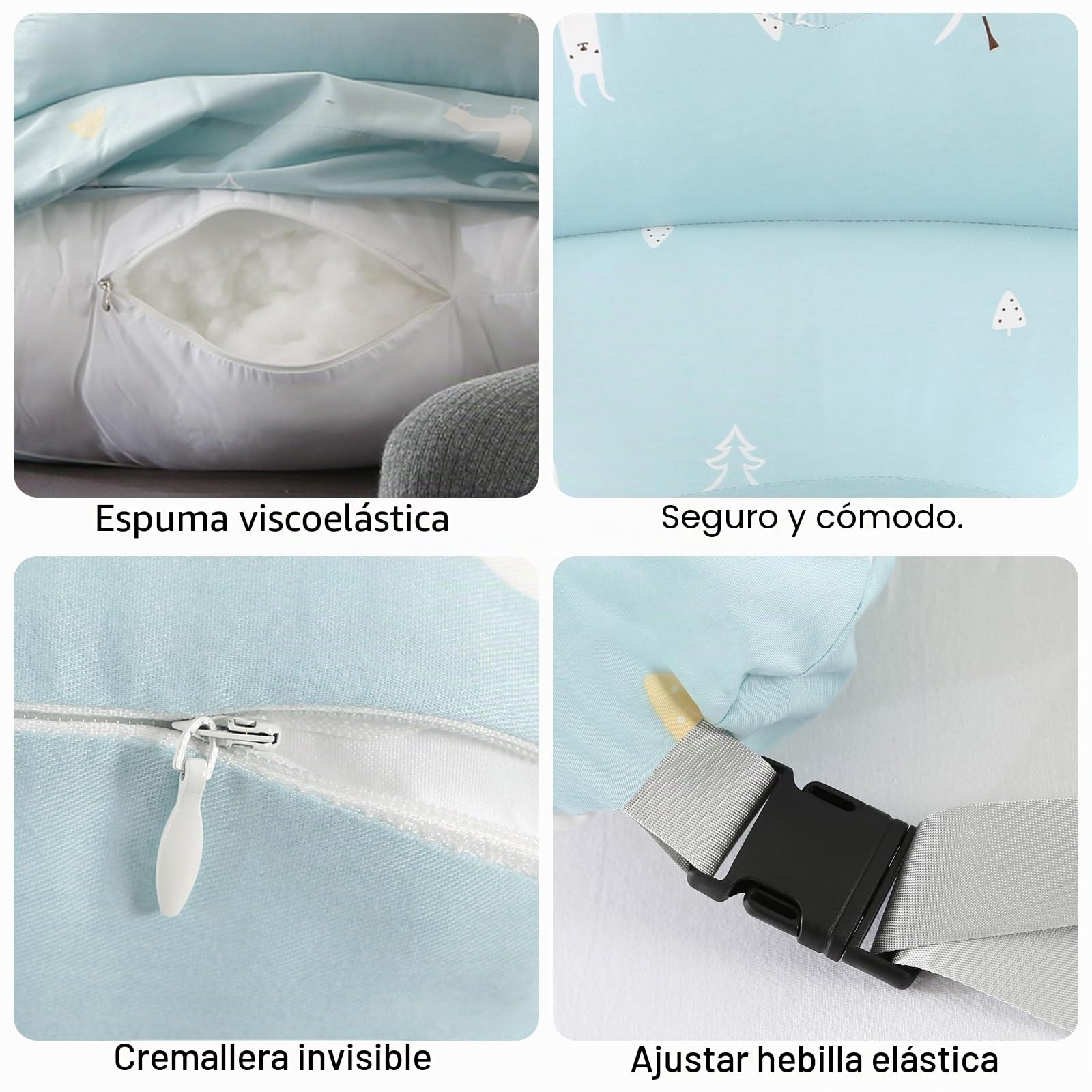 TOPCHANCES Cojín de Lactancia-Multifuncional en Forma de U-Almohada de Lactancia con Funda de Algodón 100% Extraíble y Lavable-Suave y Seguro Madres y Bebés(Oso Blanco Verde,65×55cm)