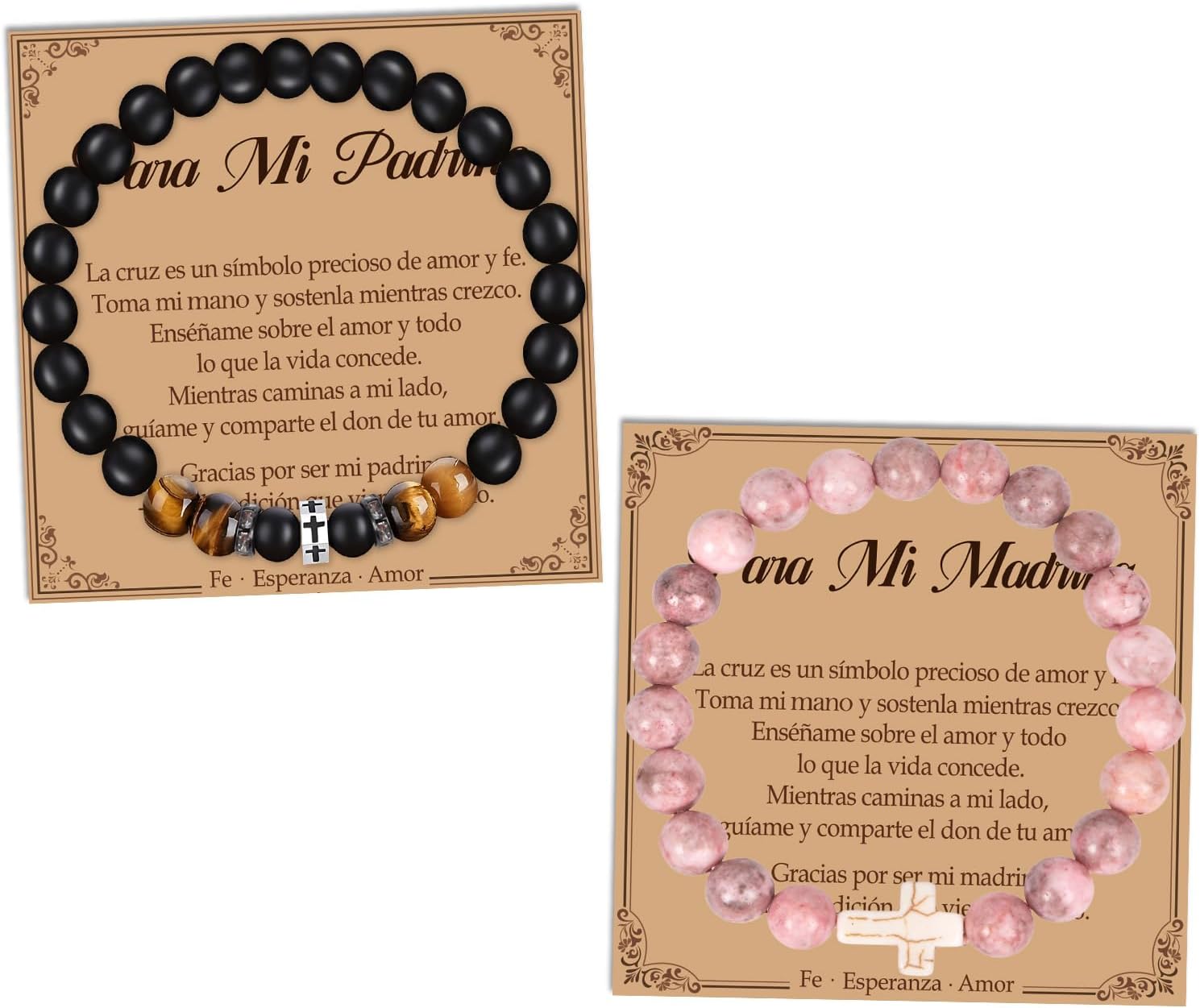 Godparents Proposal Gifts from Godchild - 2Pcs Catholic Godparent Bracelets Spanish Christian Christmas Baptism Gift for Godfather Godmother Son Daughter Father Brother Teens Girls Husband