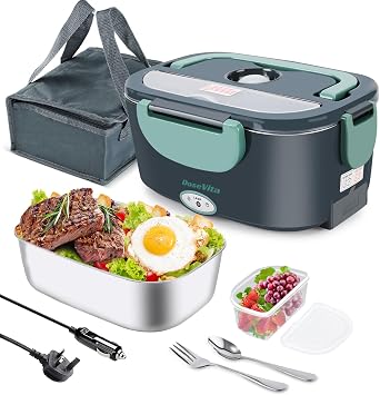 Electric Lunch Box, 80W Heated Lunch Box 1.5L, 12V/24V/230V Portable Food Warmer for Adults, Leakproof Stainless Steel Lunch Heater with Insulated Bag & Cutlery for Car, Truck, Office & Home