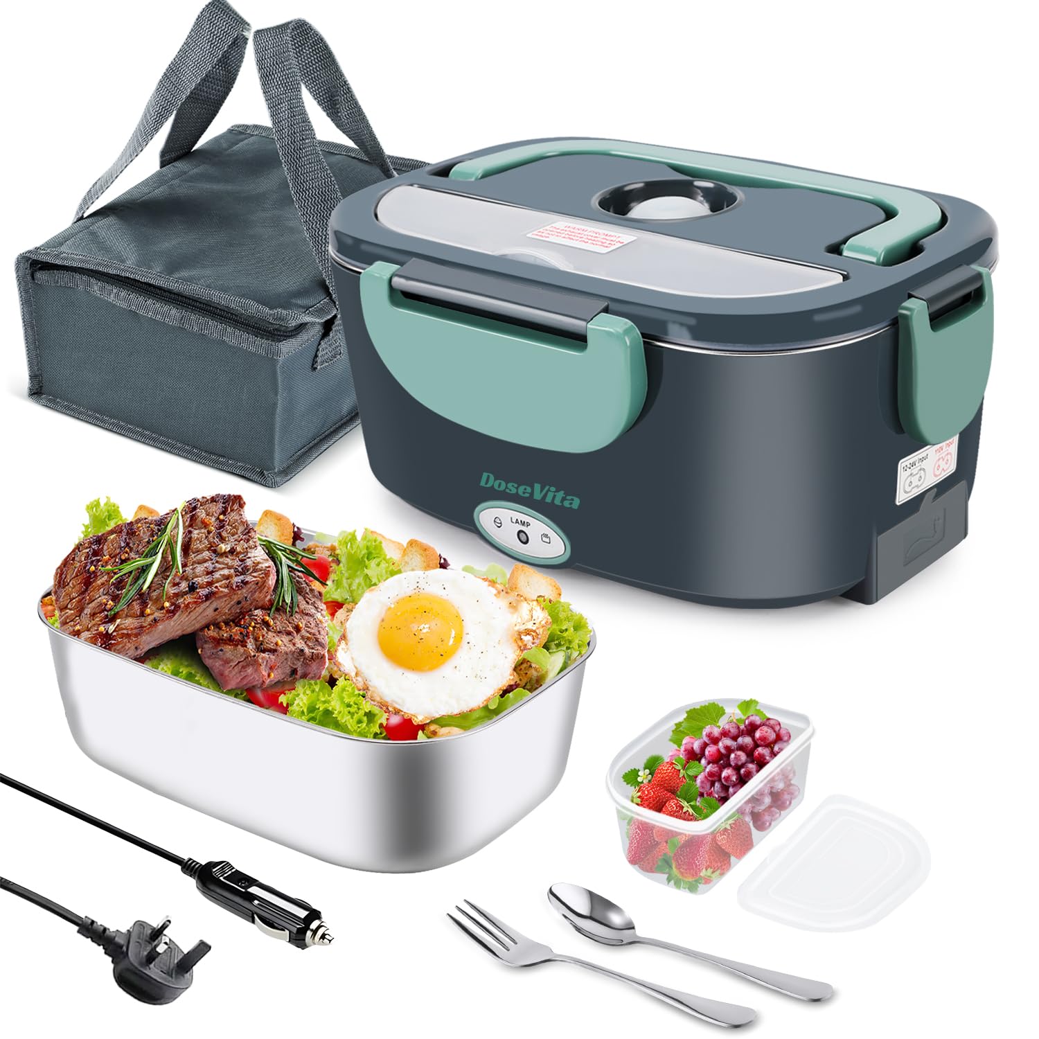 Dosevita Electric Lunch Box, 80W Heated Lunch Box 1.5L, 12V/24V/230V Portable Food Warmer for Adults, Leakproof Stainless Steel Lunch Heater with Insulated Bag & Cutlery for Car, Truck, Office & Home