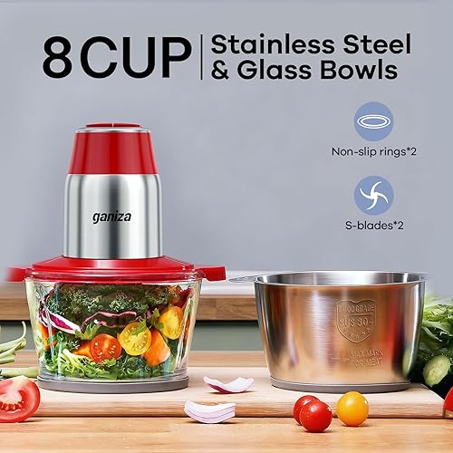 Miniatura 2 de GANIZA Procesadores de alimentos, picadora eléctrica de alimentos con picadora de carne y picadora de verduras, 2 cuencos (8 tazas+8 tazas) con