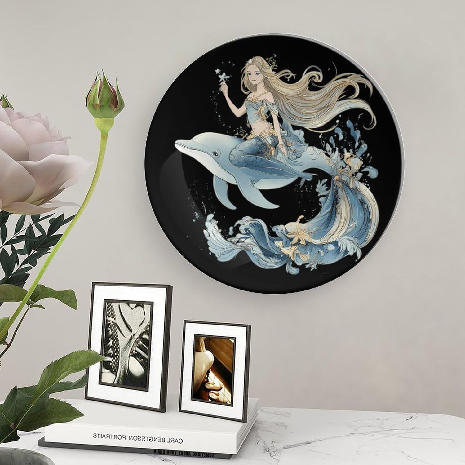 Mermaid1 is Riding on Dolphin Novelty Decorative Plate with Display Stand Handmade Ceramic Ornament Hanging Wall Decor for Home Office Foyer