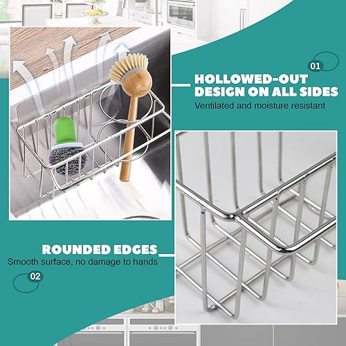 Miniatura 2 de 2 soportes de esponja para fregadero de cocina, organizador de fregadero de cocina, acero inoxidable, cepillo adhesivo para platos y soporte de tela