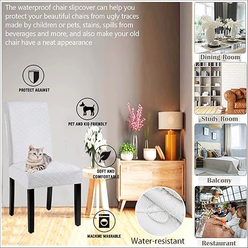 Miniatura 5 de Funda impermeable para silla de comedor, tela de elastano, funda elástica para silla, extraíble y lavable, de jacquard Parsons (blanco, juego de 4)
