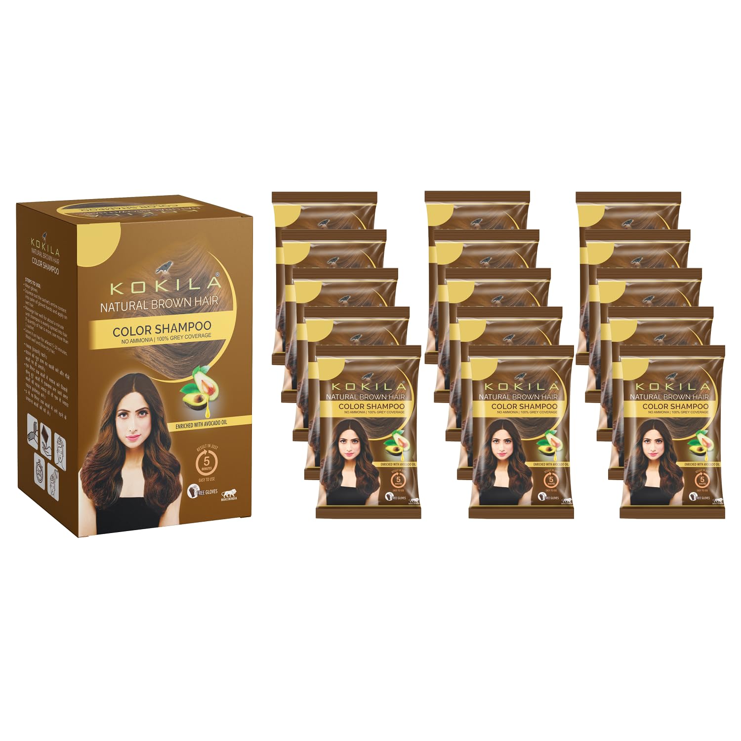 Kokila Unisex Hair Color Shampoo Enriched With Almond Oil in Just 5 Minute, Long-Lasting Instant Hair Color Brown Pack of 15 (15ML Each)